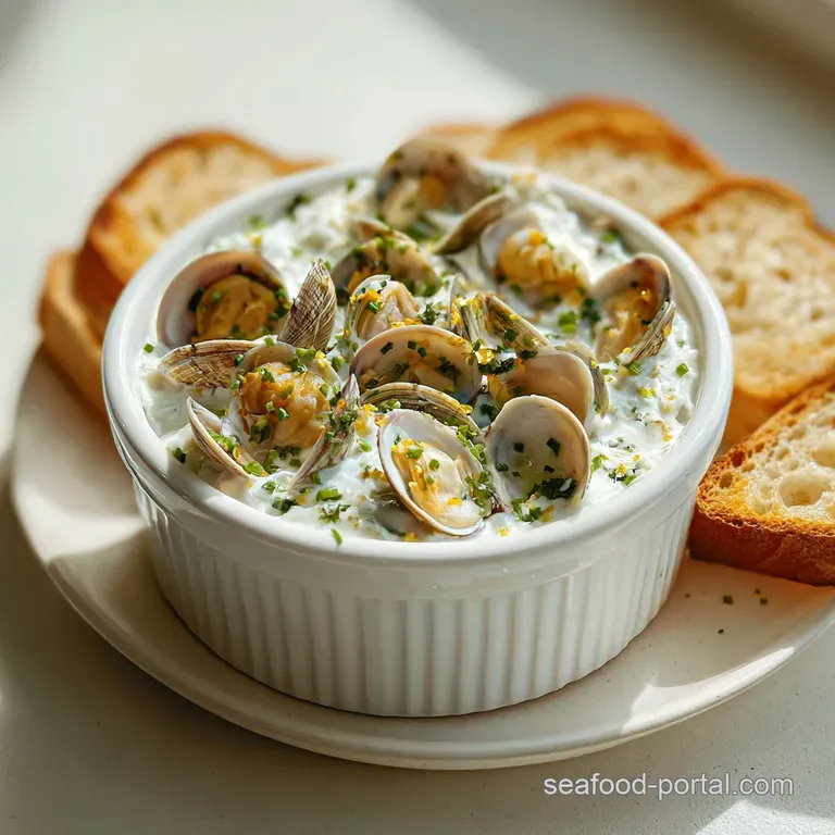 Elegant creamy clam dip in a rustic bowl. Toasted baguette slices fan out, sprinkled with parsley. A delicious appetizer.