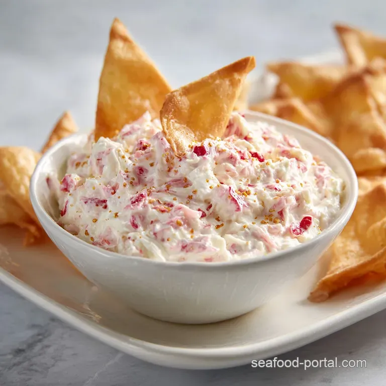 Velvety white savory dip in a ceramic bowl surrounded by golden-fried wonton strips and fresh parsley sprigs.