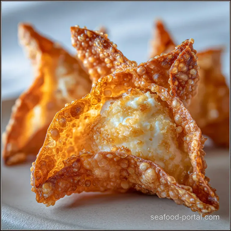 Elegant plate of golden crab rangoon, garnished with vibrant green scallions. A sweet dipping sauce adds a glossy, invitin...