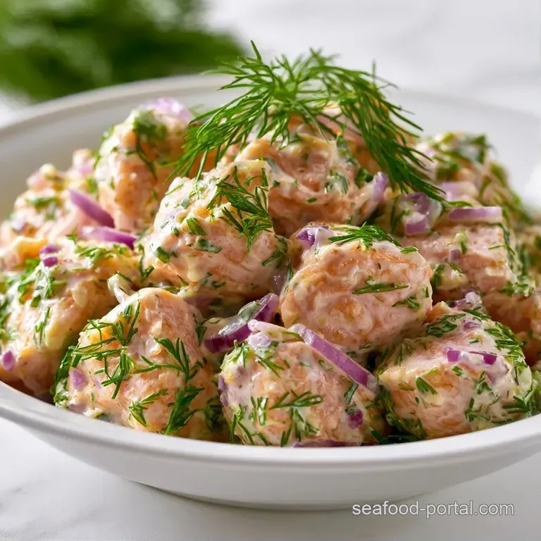 Chilled salmon salad arranged on a white porcelain plate, garnished with a bright lemon wedge and fresh dill sprigs.