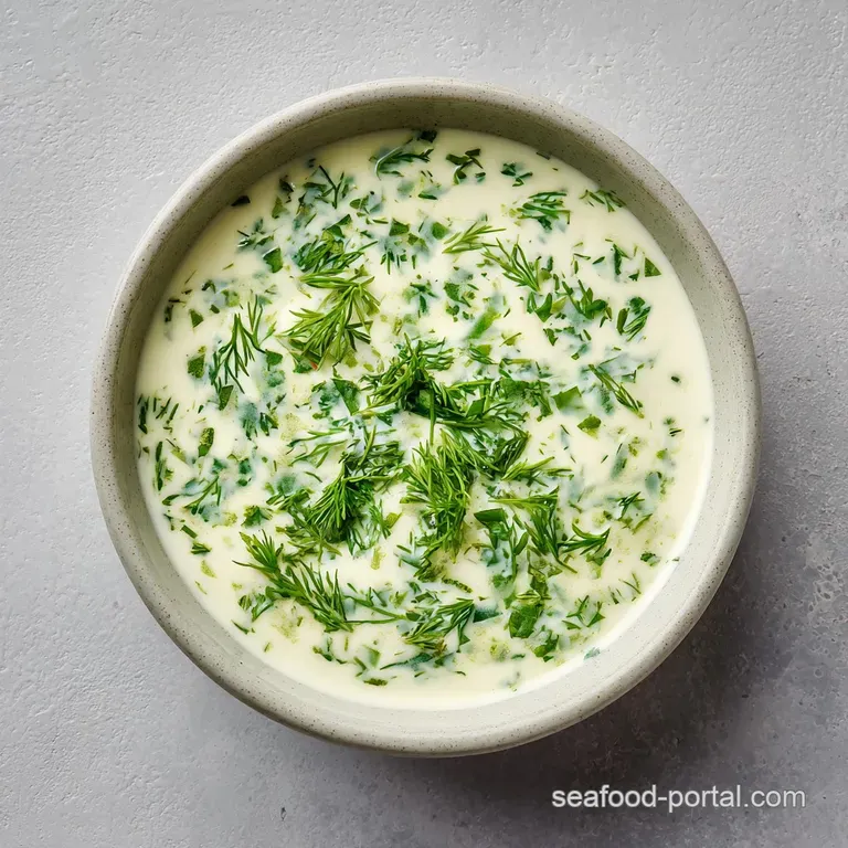 Pale green herbed cream drizzled elegantly over a seared pink salmon fillet on a minimalist white ceramic plate.