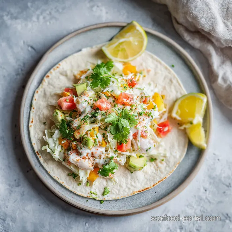 Artfully arranged fish tacos with bright salsa and a zesty sauce cascading down.
