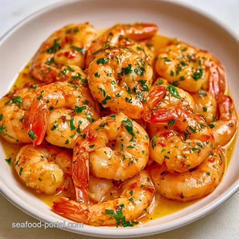 Pink prawns nestled in a glossy pale yellow sauce on a white plate, garnished with fresh, bright green chopped parsley.