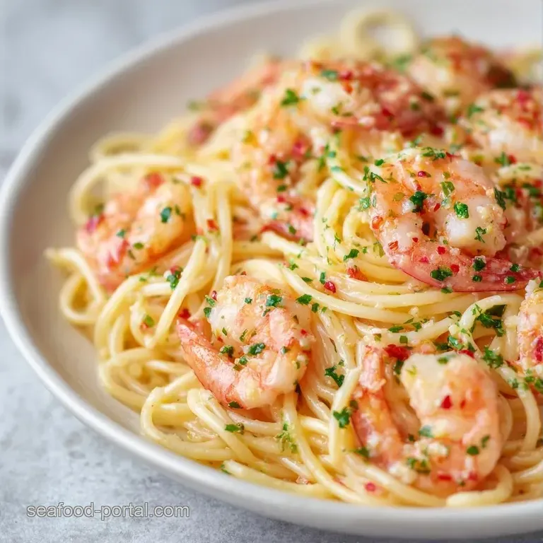Twirled pasta nests topped with seared shrimp, a sprinkle of fresh green parsley, and grated parmesan cheese.