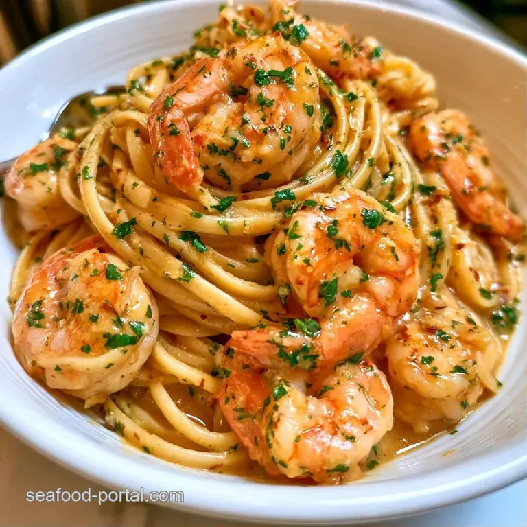 Al dente linguine swirled on a plate with plump pink shrimp in a rich, glossy cream sauce and fresh parsley.