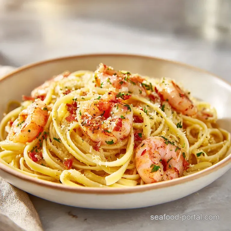 Artfully swirled pasta topped with golden-seared shrimp and fresh parsley on a minimalist white ceramic plate.