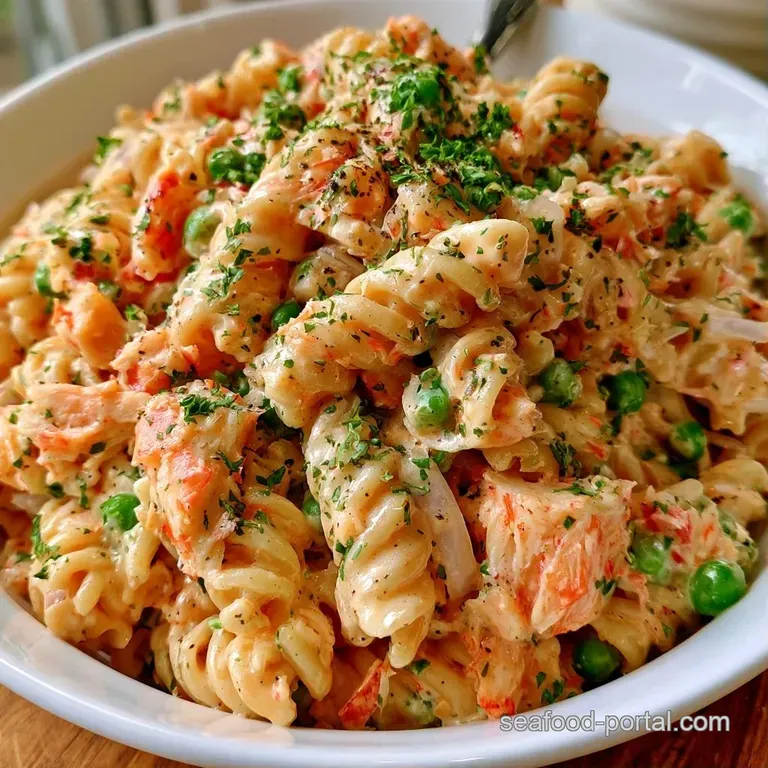 Elegant white bowl of rotini with shredded imitation crab and green peas, topped with green onion and a silky pale sauce