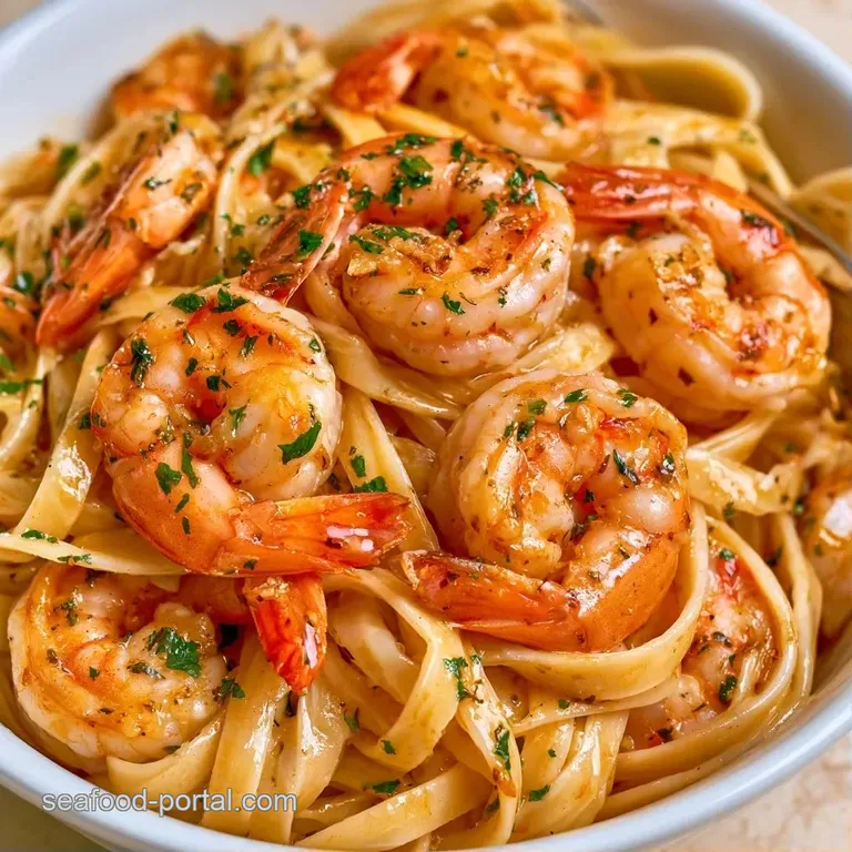 Elegant swirl of creamy white pasta and pink seafood on a dark slate plate, garnished with a sprig of parsley.