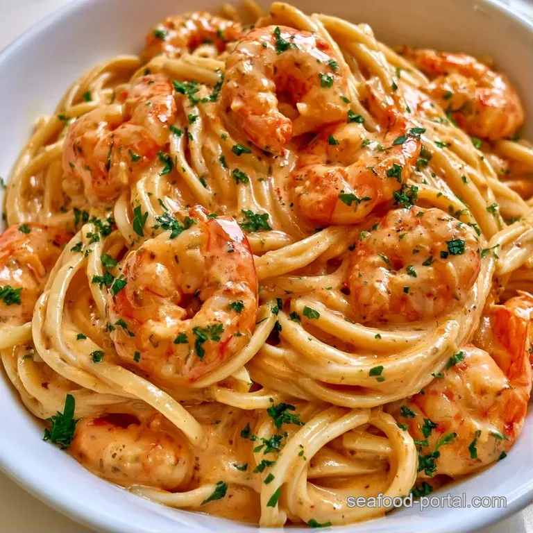 Elegant swirl of creamy pasta topped with tender pink langostinos and a lemon wedge on a white ceramic plate.