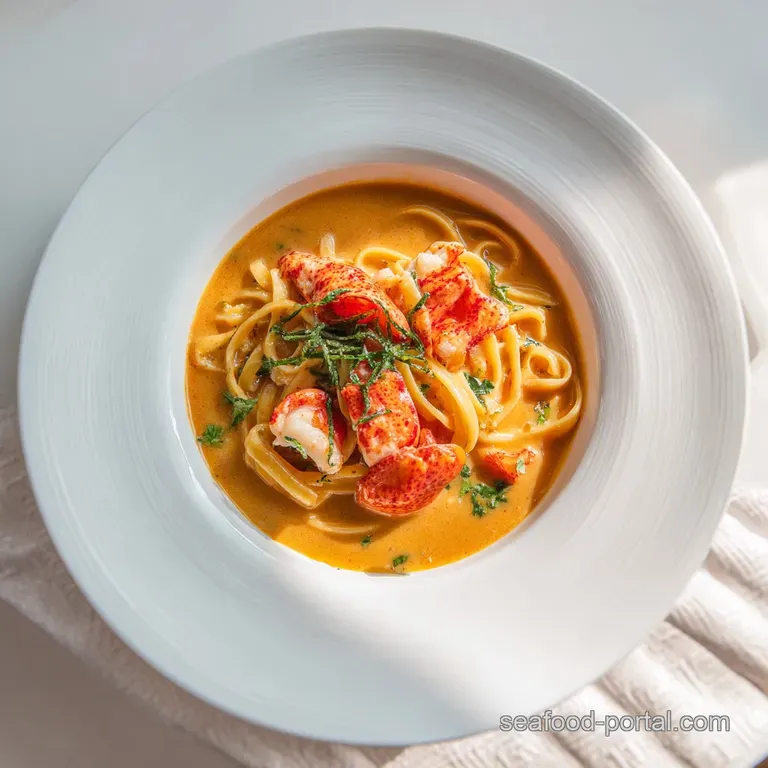 A swirl of bisque-laden pasta adorned with vibrant lobster chunks and fresh green dill.