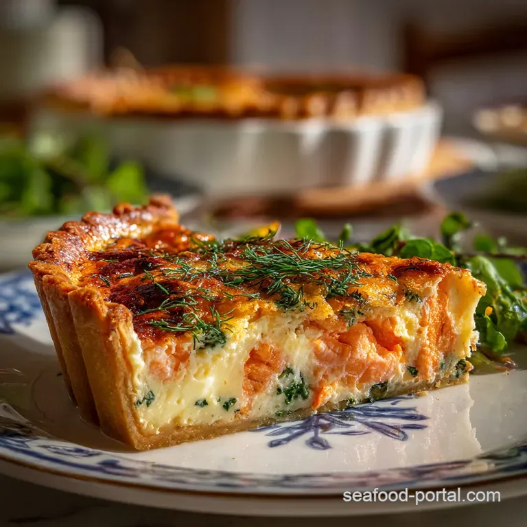Slice of salmon quiche on a white plate, steam rising, dill sprig garnish, inviting a warm, savory bite. Rich and satisfying.