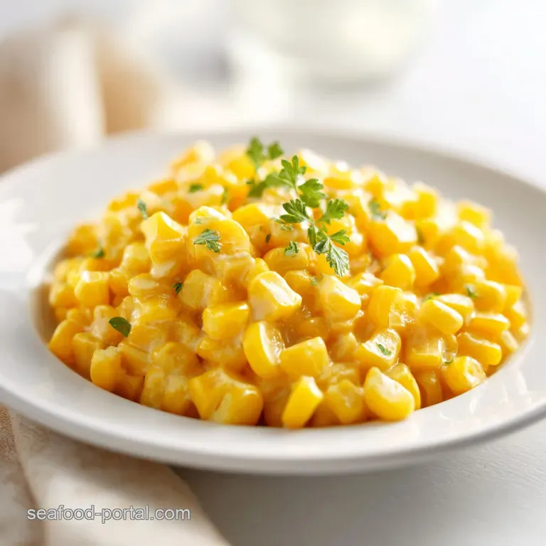 Creamy corn gratin served in a rustic ceramic dish, garnished with fresh parsley sprigs.