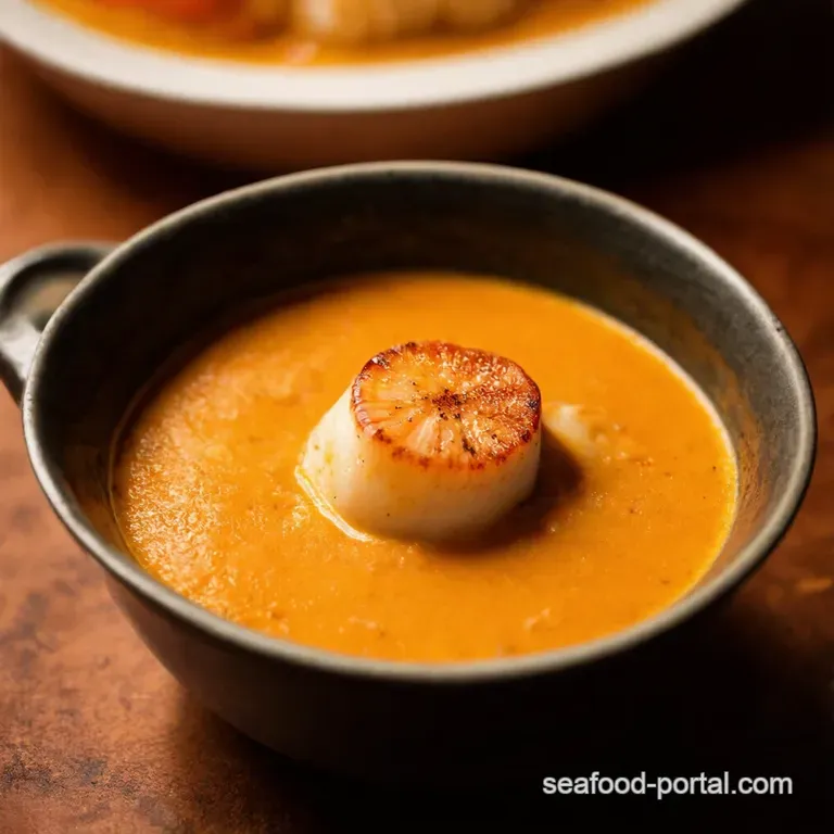 Creamy Seafood Bisque with Scallops Cod Shrimp presentation
