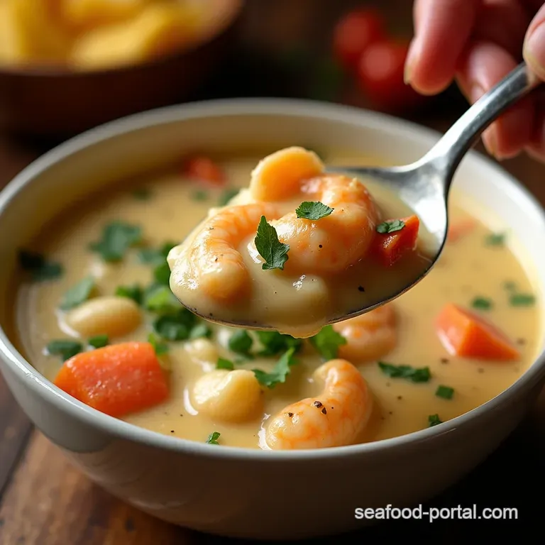 The Comfort King Rich Creamy Seafood Chowder Loaded with the Catch of the Day presentation
