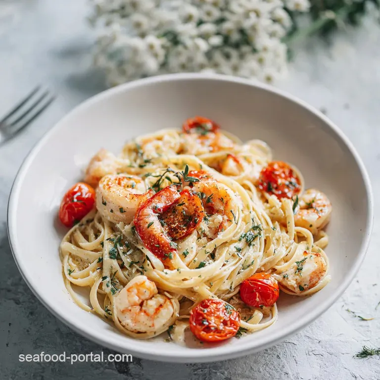 Elegant white plate showcasing plump shrimp and tender mussels, bathed in aromatic garlic-herb oil and fresh parsley.
