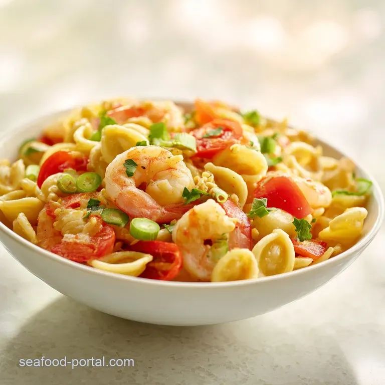 An artfully arranged bowl of seafood pasta salad, showcasing tender shrimp, al dente pasta, and bright chopped parsley, gl...