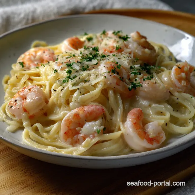 Elegant white plate showcasing a swirl of creamy Alfredo pasta, perfectly arranged shrimp, and a sprinkle of vibrant green...