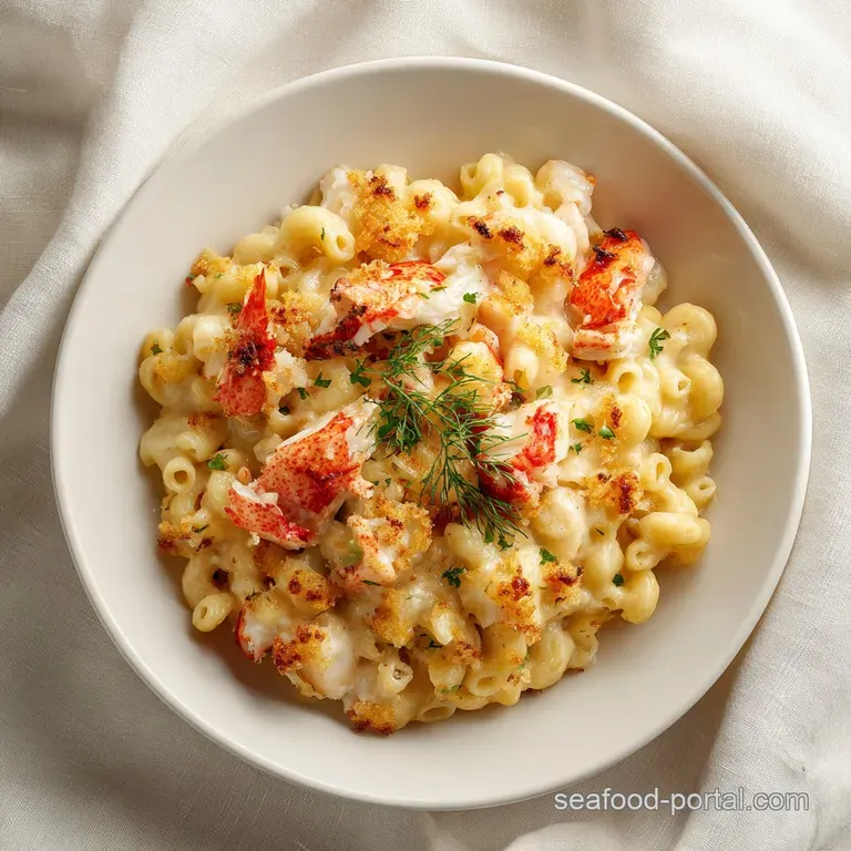 A generous serving of creamy seafood mac and cheese on a white plate, garnished with fresh parsley.