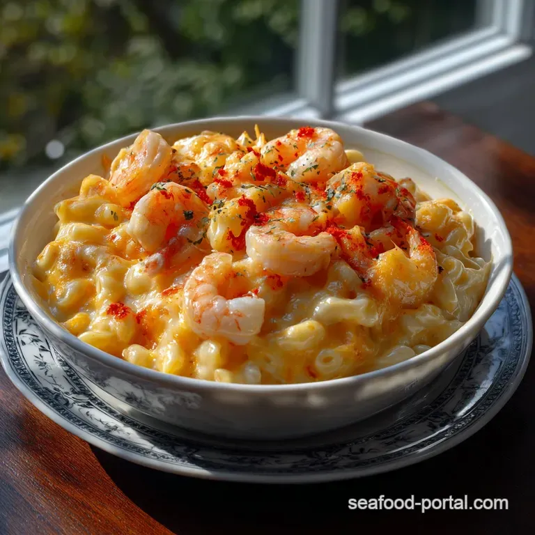 Elegant plate of creamy mac and cheese, artfully arranged with succulent shrimp and a sprinkle of fresh herbs, offering a ...