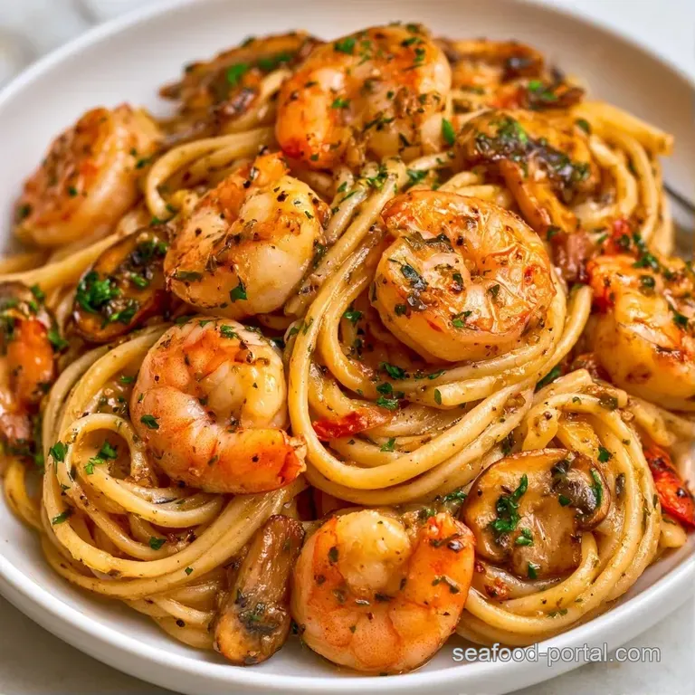 Swirled pasta topped with seared shrimp and sliced mushrooms, garnished with fresh green parsley on a white plate.