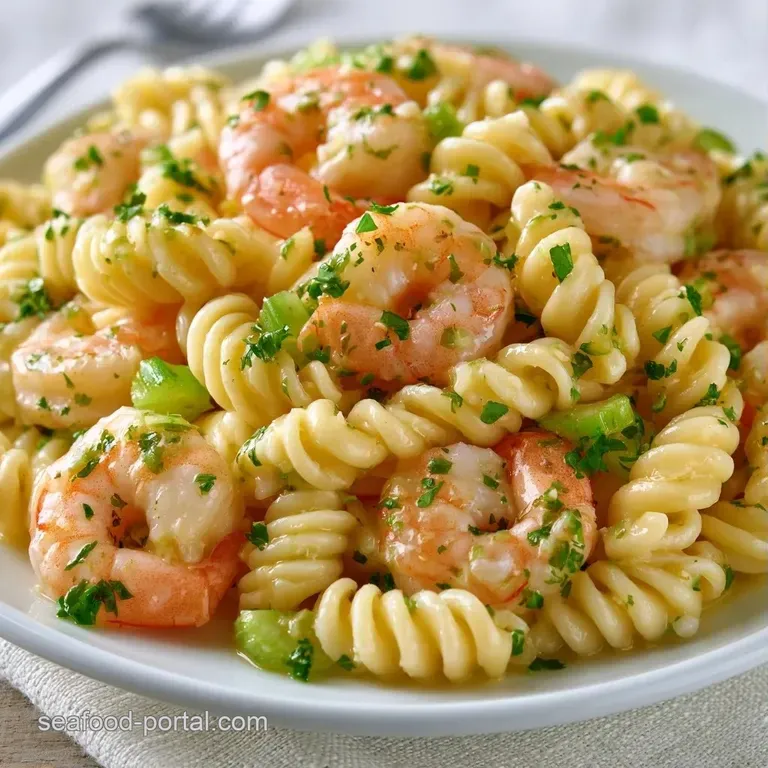 A chilled white ceramic bowl filled with pasta and shrimp, garnished with fresh parsley on a bright marble surface.