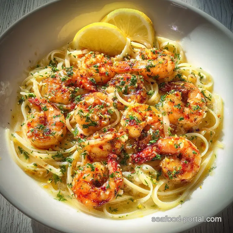 Elegant plate of creamy shrimp scampi. Plump pink shrimp nestled in glossy pasta with vibrant green parsley garnish.
