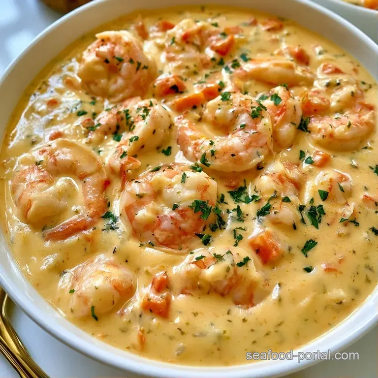 An elegant bowl of rich ivory soup topped with seared shrimp, a swirl of cream, and a sprig of fresh parsley.