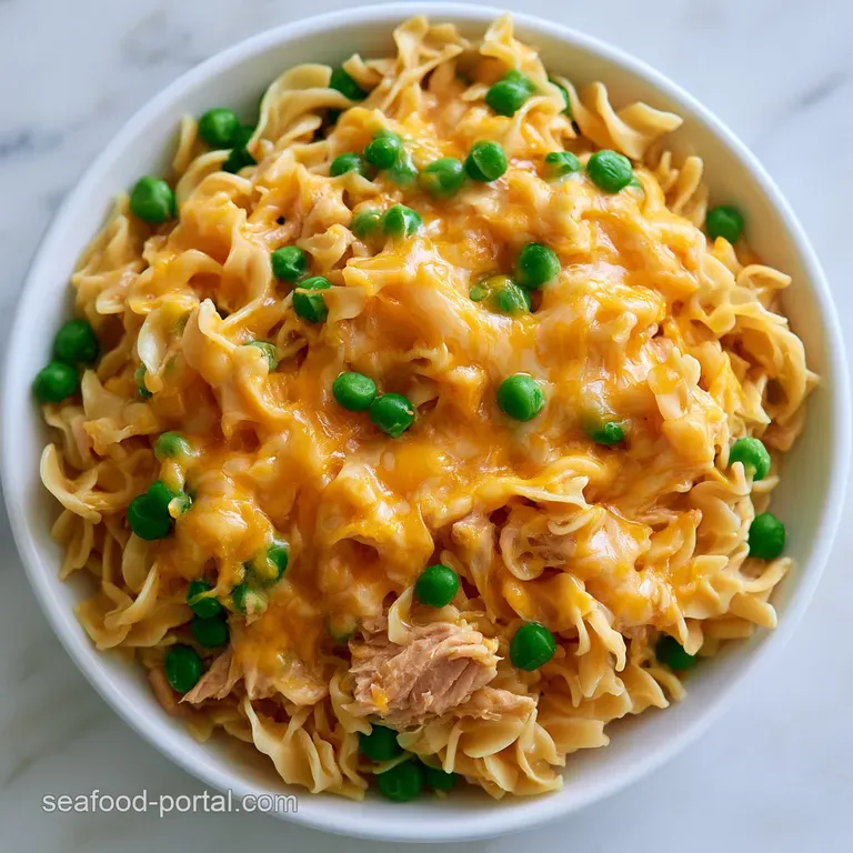 A scoop of creamy pasta and tuna topped with melted cheese, served on a ceramic plate with a side of green peas.