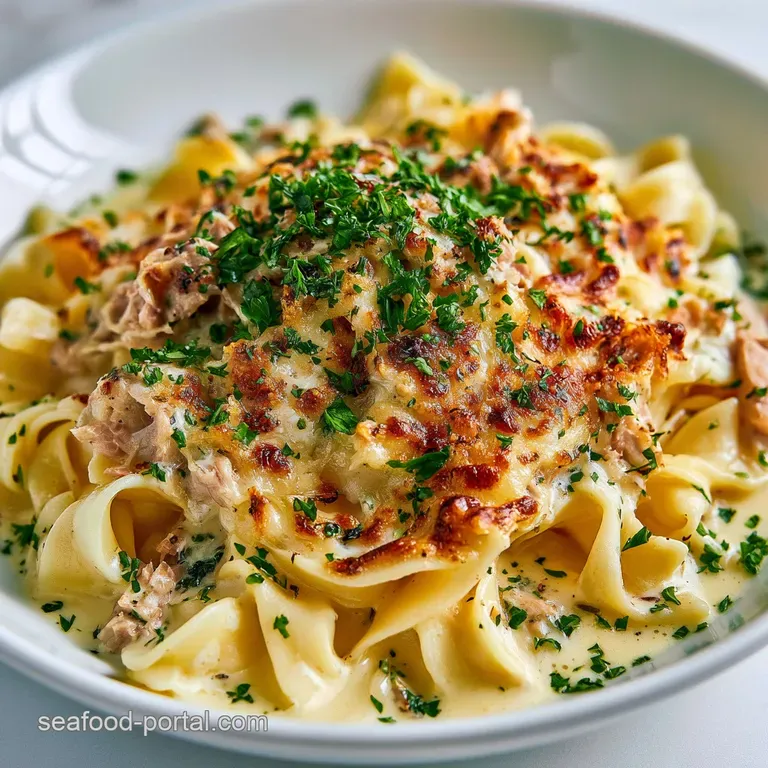 A creamy portion of cheesy noodles topped with crushed gold potato chips and a sprinkle of fresh green parsley.