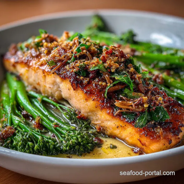Flaky salmon fillet glistening with creamy Tuscan sauce on a white plate, vibrant green spinach peaking through. Fresh her...