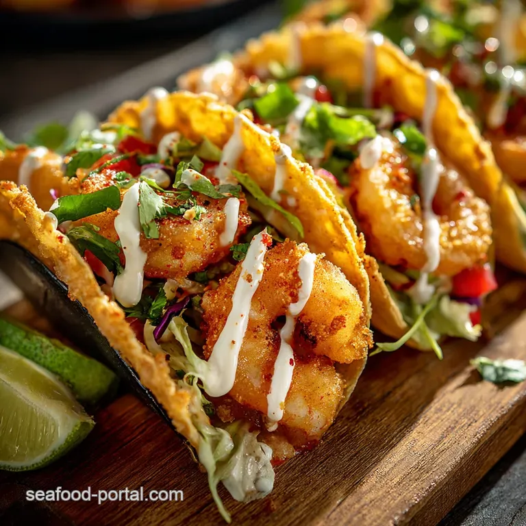 Crispy Baja Shrimp Tacos with Chipotlelime Crema and Slaw presentation