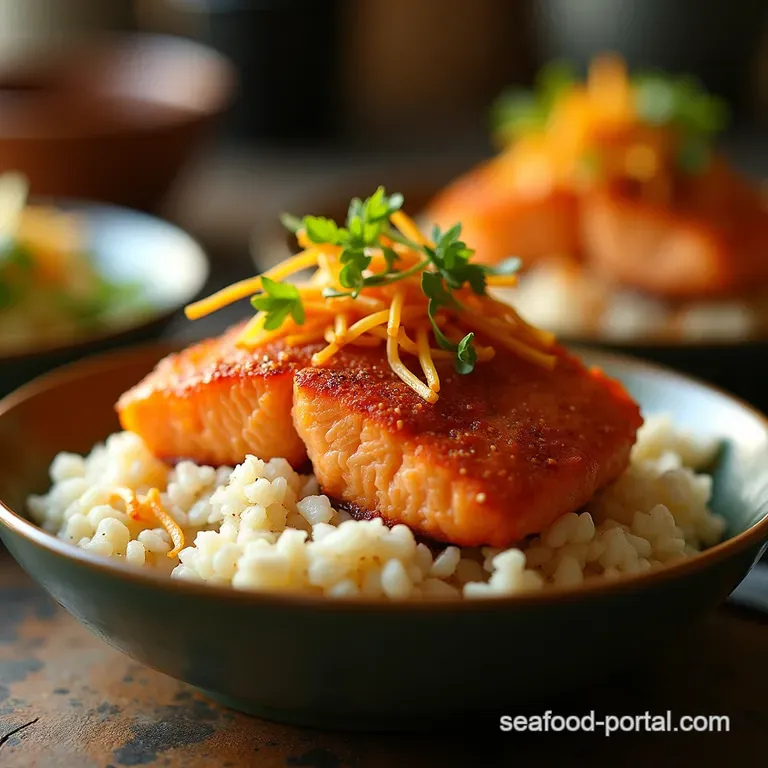 Firecracker Flakes Crispy Baked Bang Bang Salmon Rice Bowls with Quick Slaw presentation