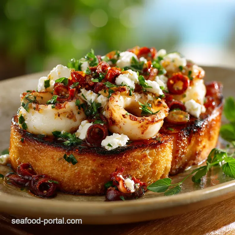 Mediterranean Sunshine Toast Crispy Calamari with Garlic Chili and Feta presentation