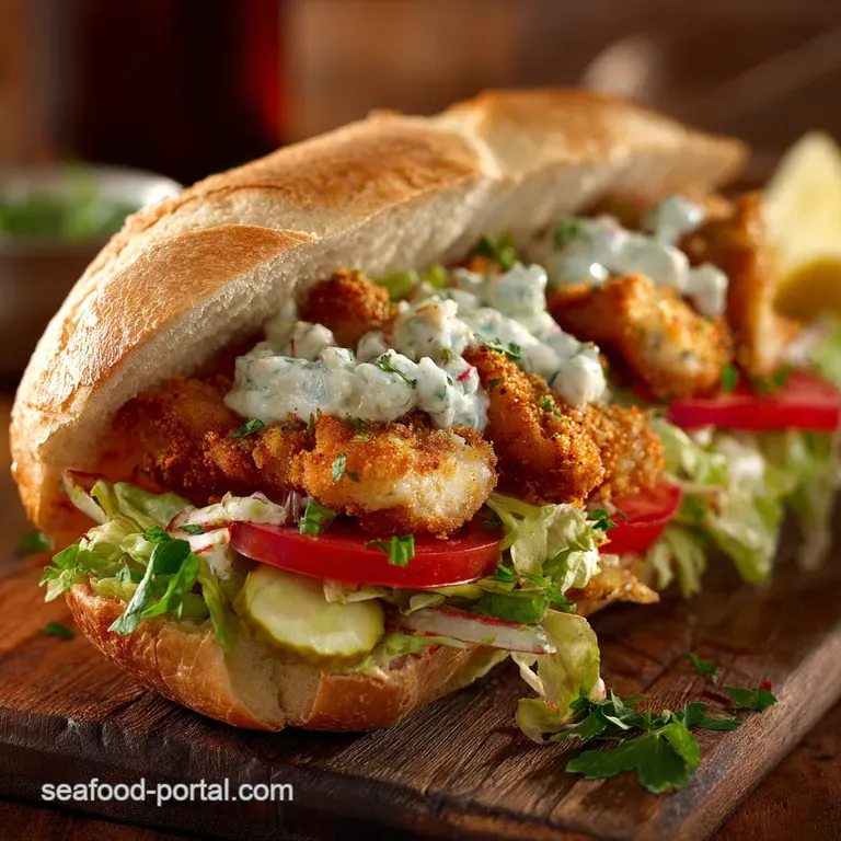 Catfish Po Boy the Real Deal Crispy Sandwich with Zesty Quick Remoulade presentation