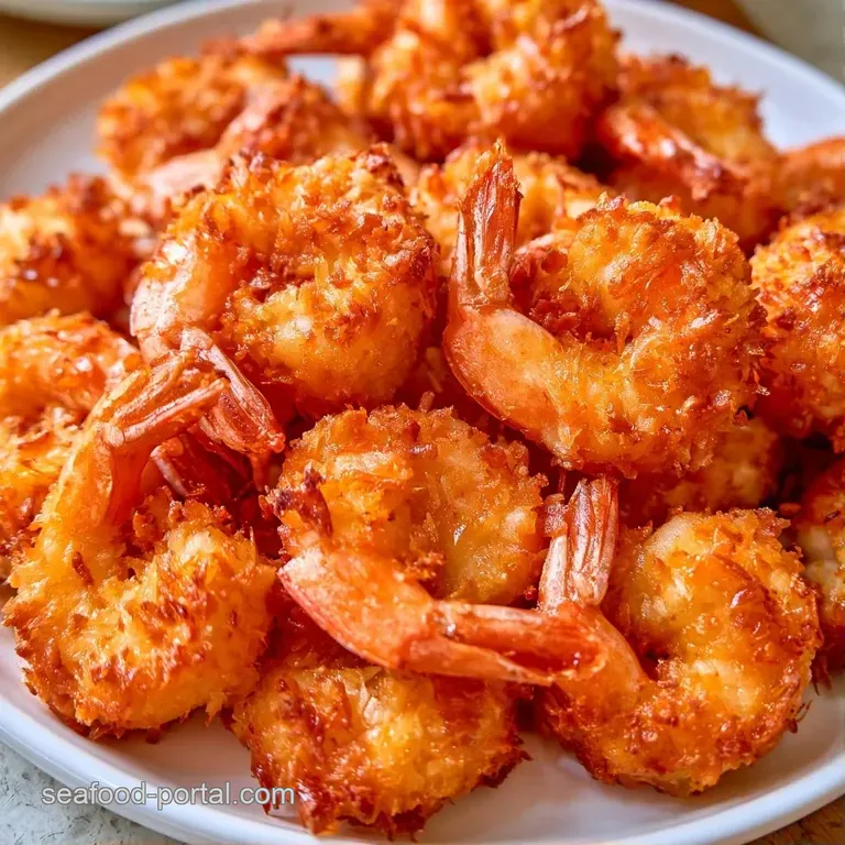 Crispy coconut-crusted prawns arranged on a white plate beside a small bowl of zesty, orange sriracha mayonnaise.