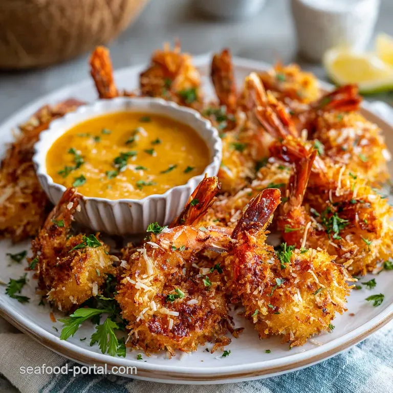 A skewer of crispy coconut shrimp artfully arranged with a dollop of bright apricot dip on a white plate.