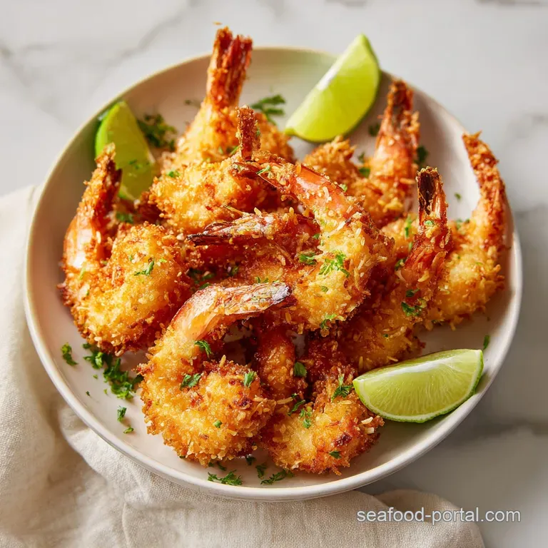 Plated coconut shrimp with a creamy dipping sauce, garnished with fresh herbs on a bright white plate.