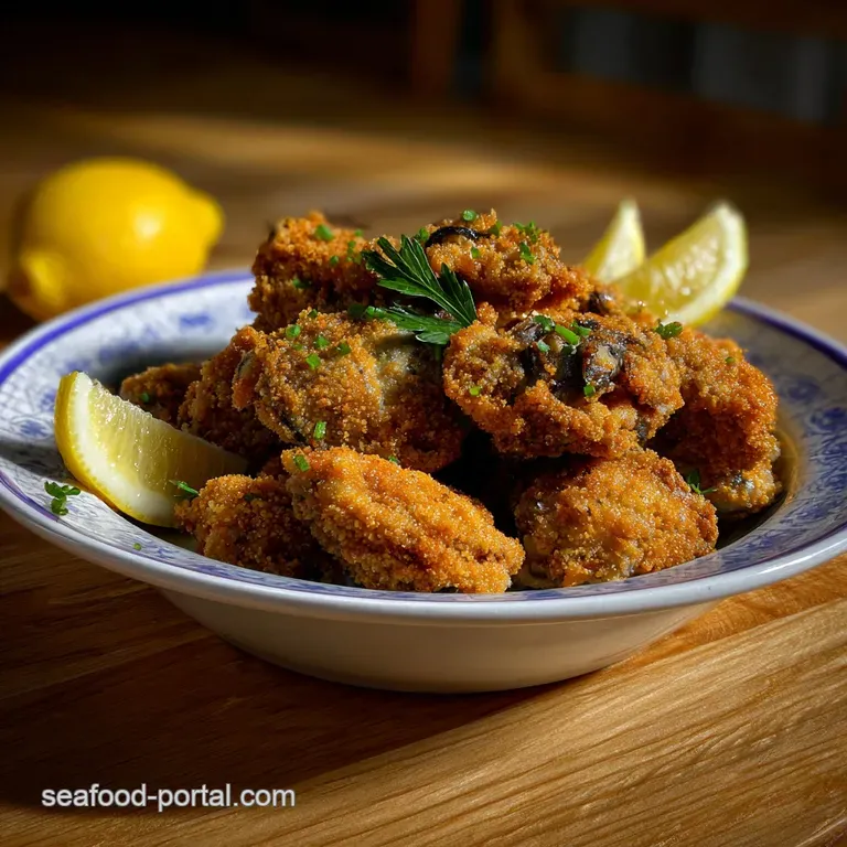 Crispy fried oysters elegantly stacked with lemon wedges and a small dish of dipping sauce, showcasing contrasting texture...