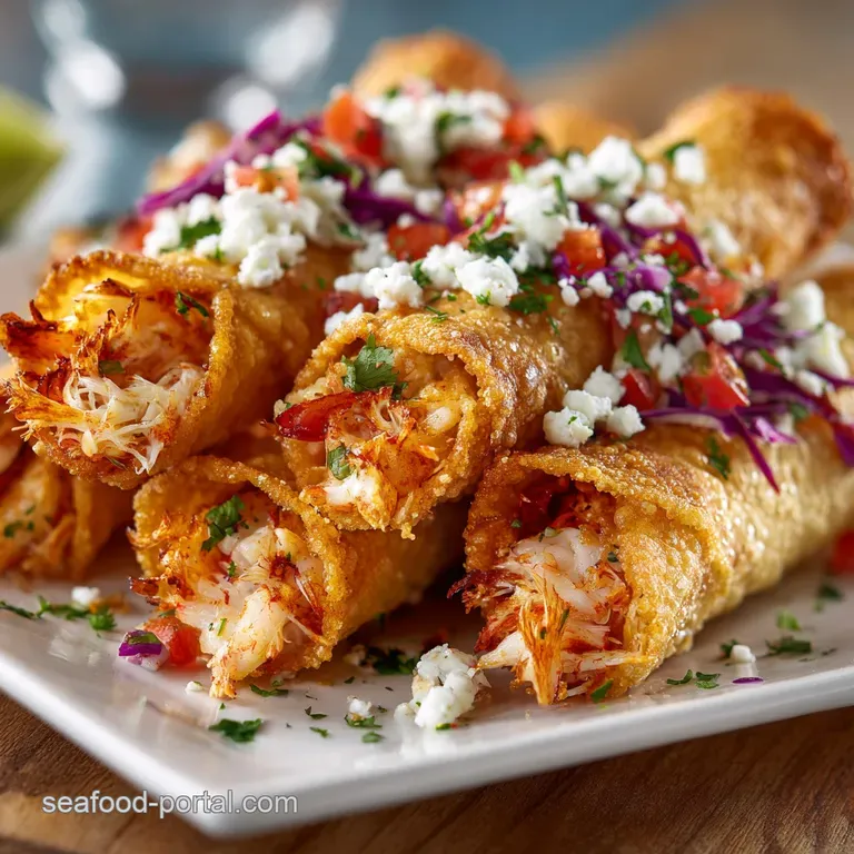Crispy Crab and Shrimp Queso Taquitos with Zesty Lime Crema presentation