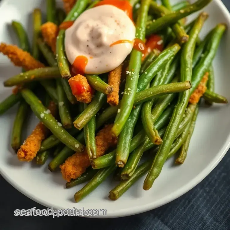 Crispy Crunchy String Bean Fries with Sriracha Mayo presentation
