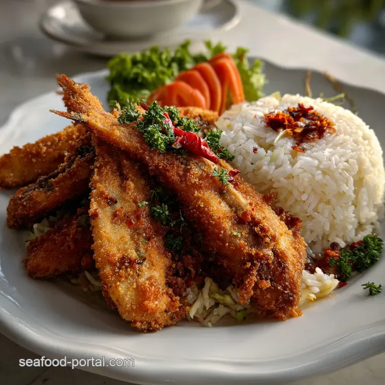 Perfectly plated crispy fish atop a bed of rice, garnished with fresh herbs and a lemon wedge. A visually elegant and appe...