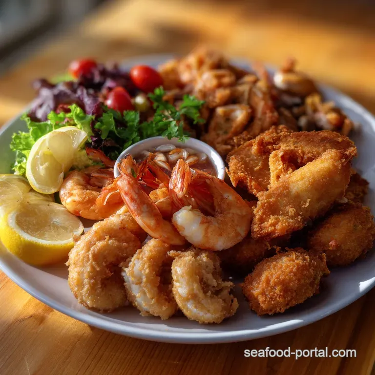 Elegant plate featuring perfectly fried seafood, showcasing a vibrant array of colors. Garnished with lemon wedges and fre...
