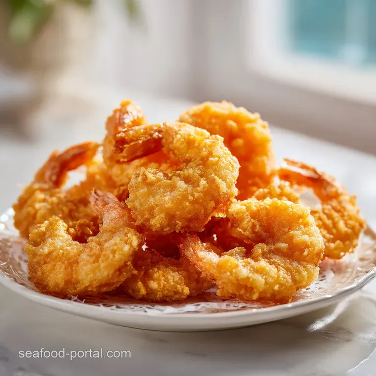Perfectly plated fried shrimp with a light golden hue, complemented by lemon wedges and a creamy dipping sauce on a white ...