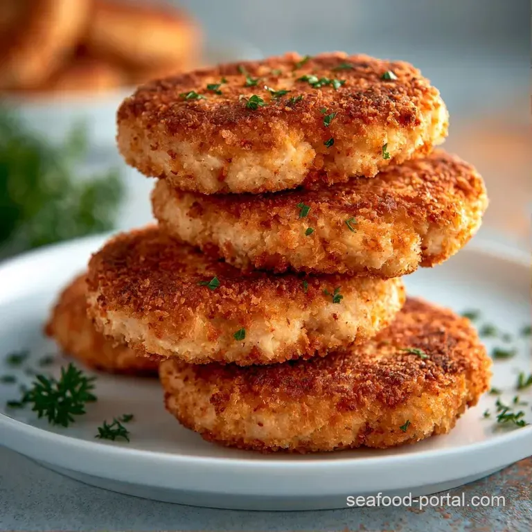 Three golden seared cakes neatly stacked on a white plate with a dollop of tartar sauce and a bright lemon slice.
