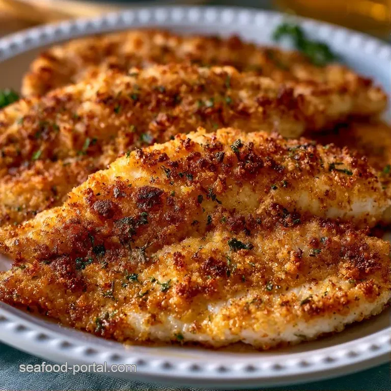Four golden-brown fish fillets on a white platter, garnished with fresh parsley and bright yellow lemon slices.