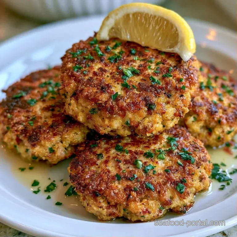 Three seared golden patties stacked neatly on a white ceramic plate with a dollop of creamy sauce and microgreens.