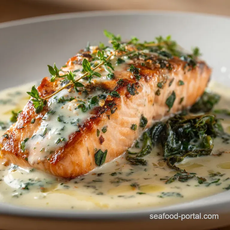 Panseared Salmon Fillets with Silky Dill and Garlic Cream Sauce presentation
