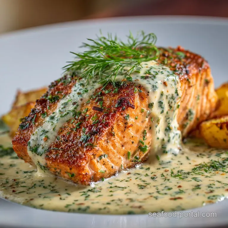 PanSeared Salmon Fillets with Silky Dill and Garlic Cream Sauce
