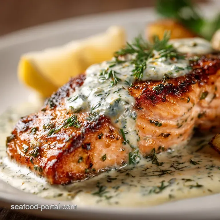 Salmon with Herb and Garlic Cream Sauce: Pan-Seared Crispy Skin Silky Sauce presentation