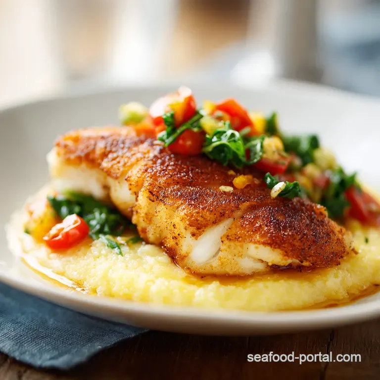 A neatly arranged plate showcasing flaky, seasoned catfish beside a swirl of rich, smooth grits.